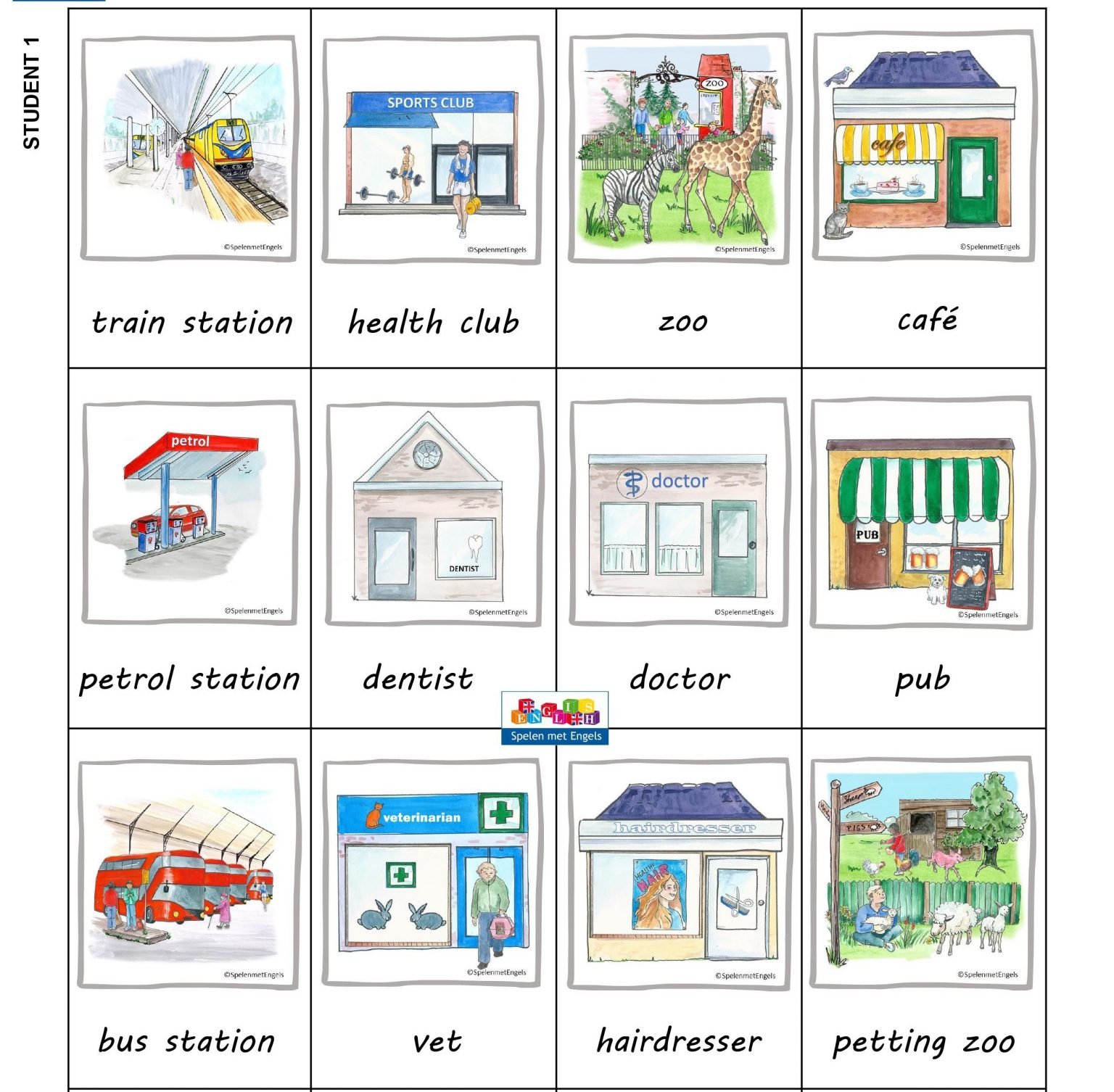 Guess what? spel Places in town Spelen met Engels